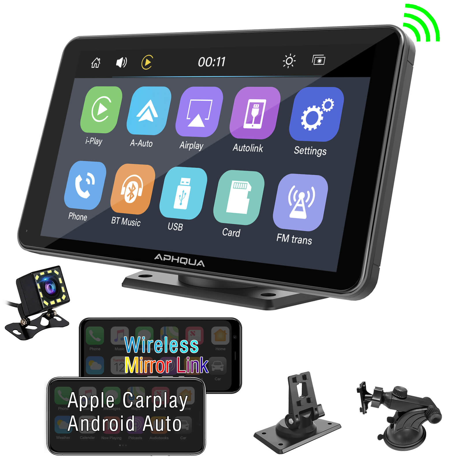 APHQUA Car Stereo with Wireless Apple Carplay and Android Auto, 7inch