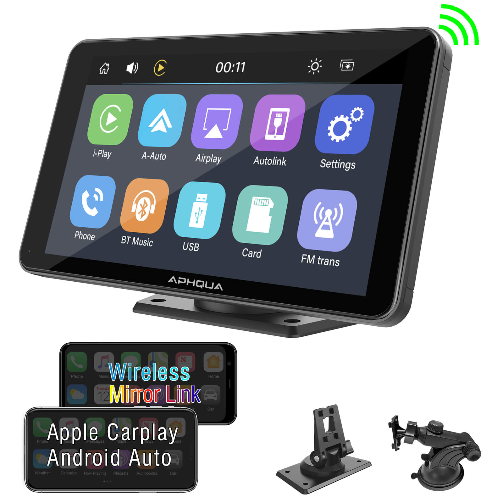 APHQUA Wireless Portable Car Stereo,7 Inch IPS Touchscreen Car Radio R